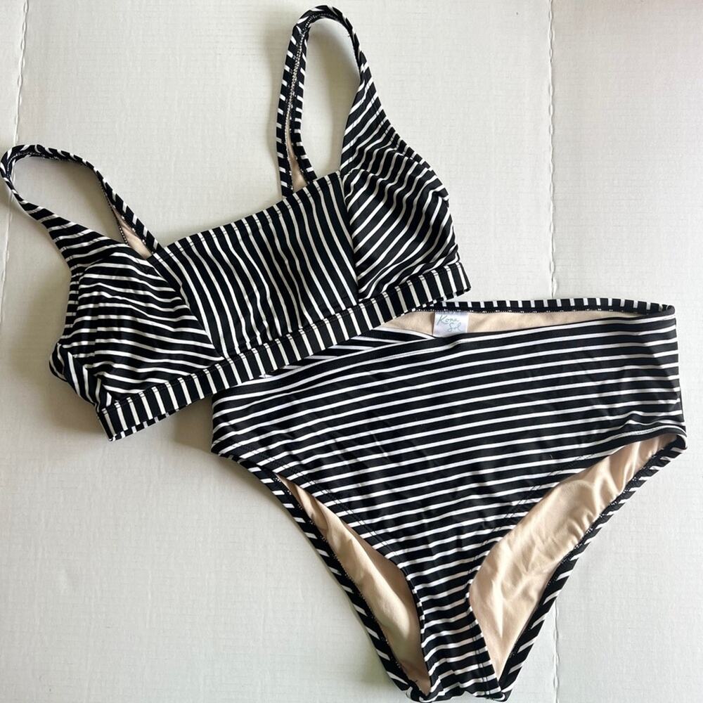 Kona Sol Black & White Stripe Bikini Swimsuit - Picture 1 of 4